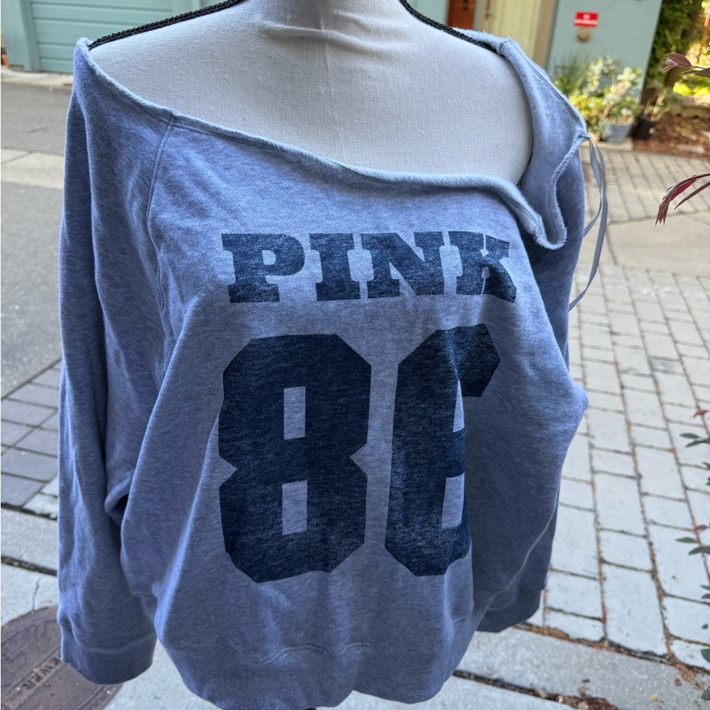 PINK Victoria's Secret Heather Gray Sweatshirt with Dark Blue Print